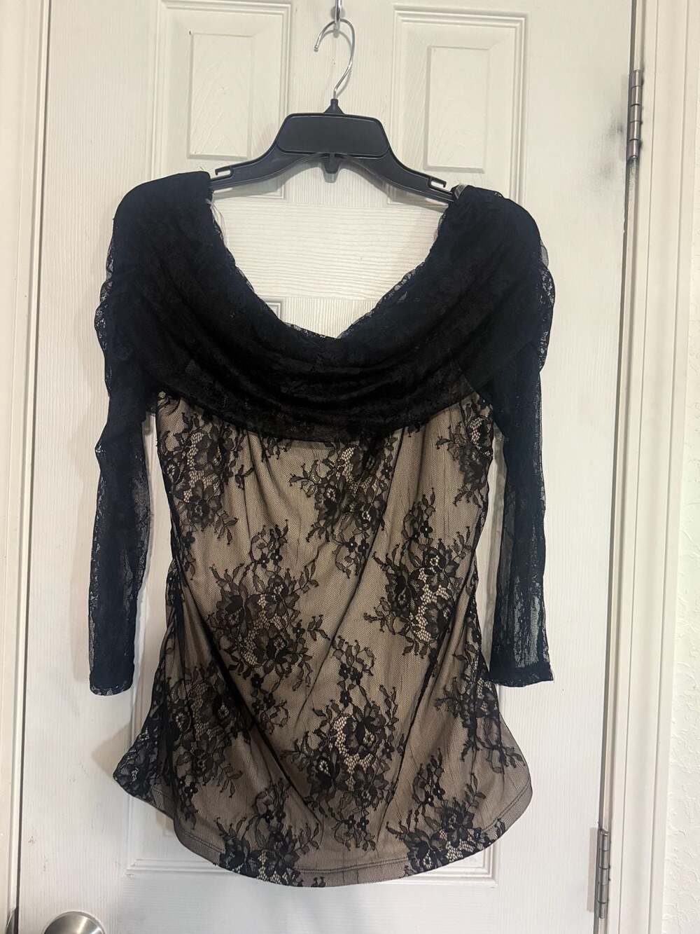 Floral & Ivy Black Blouse Women’s L Sheer Mesh Cowl Neck 3/4 Sleeve Top Party Co